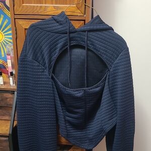 Navy Quilted Hoodie with Open Front